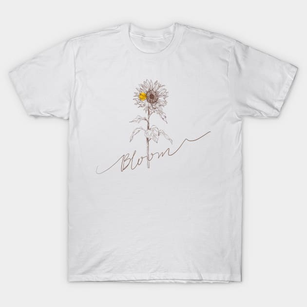 Line art sunflower with hand lettering "Bloom" T-Shirt by thecolddots